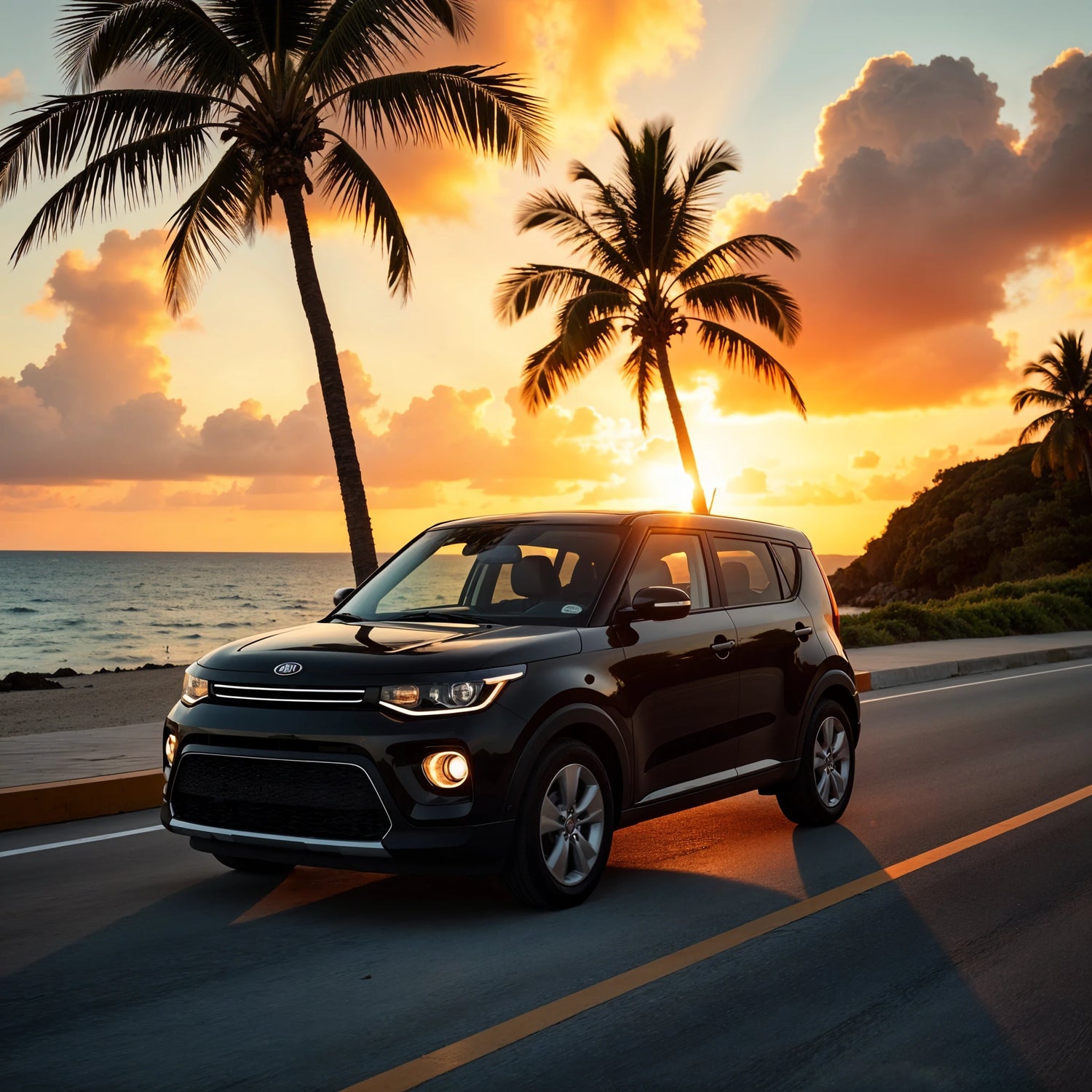 Black Kia Soul driving in Curacao